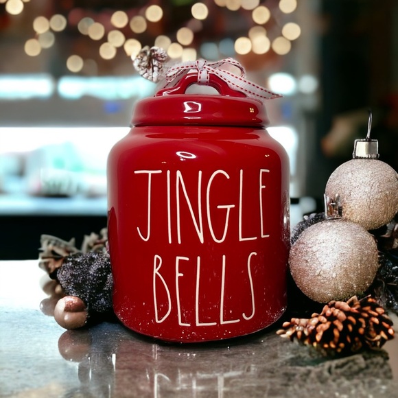 Rae Dunn Holiday Christmas Jingle Bells Cookie Jar Red Ceramic Canister New - Picture 1 of 9